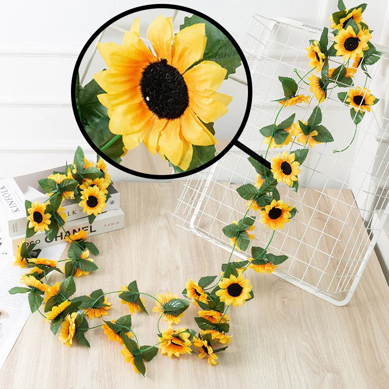 250cm Artificial Sunflower Vine Wall Hanging Silk Flowers for Wedding Home Garden Room Decoration Rattan Fake Plants Leaves