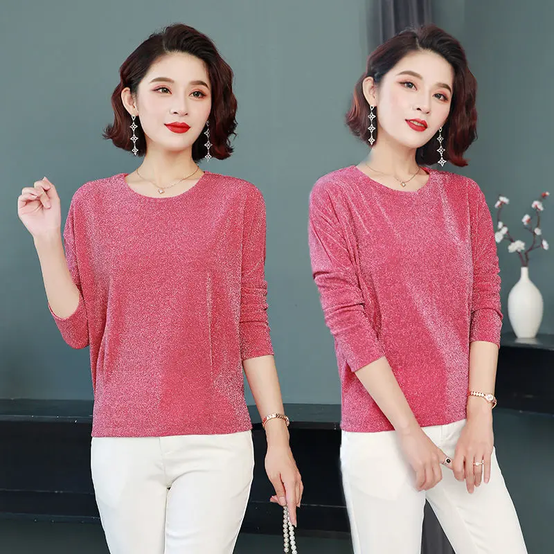 

New Bright Silk Short-sleeved T-shirt Women's Clothing Summer Korean Mother's Loose Round Collar Pullovers Top L-4XL