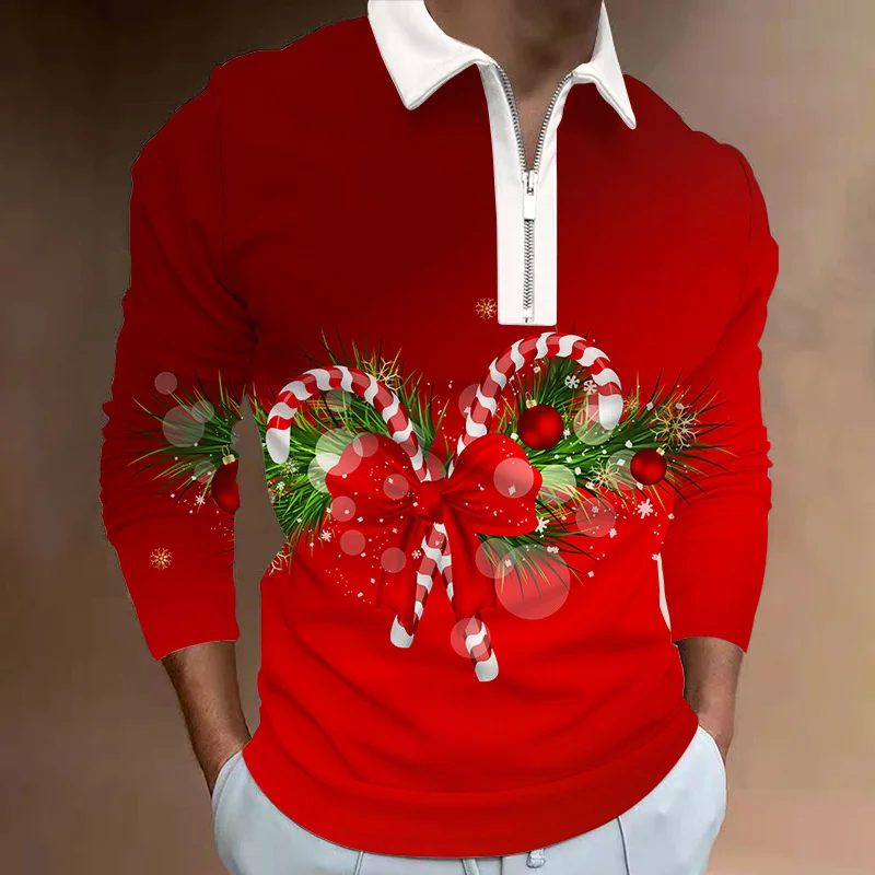 

New 2022 Christmas shirt men's Polo shirt holiday party jacket Christmas theme 3D printed long sleeve zipper POLO shirt 3XL