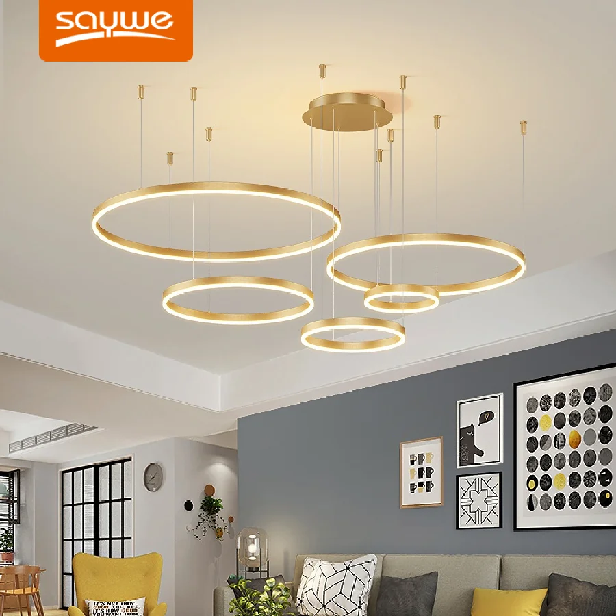 Modern Brushed Rings Led Chandelier Home Lighting Ceiling Mounted For Living Room Bedroom Hanging Lamp Coffee Color Lights