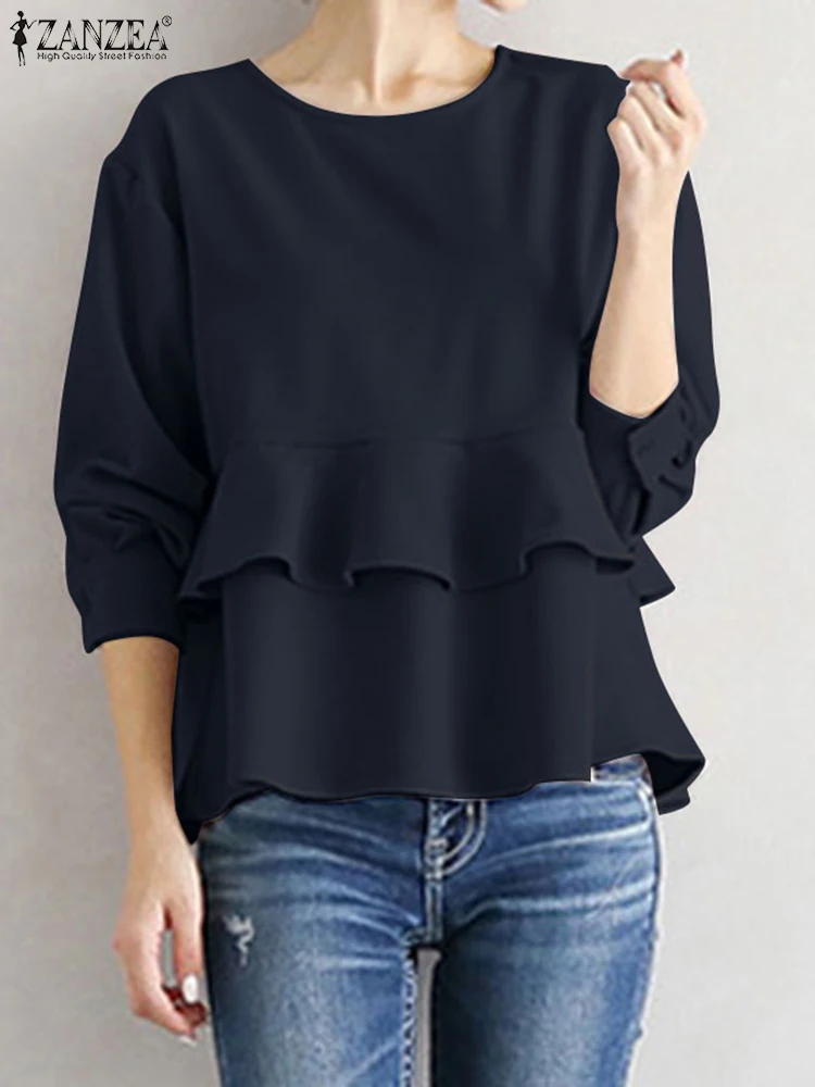 

Блузка ZANZEA Женская двухслойная, дизайнерская Однотонная рубашка с круглым вырезом, Повседневная пляжная Блузка с оборками, осень