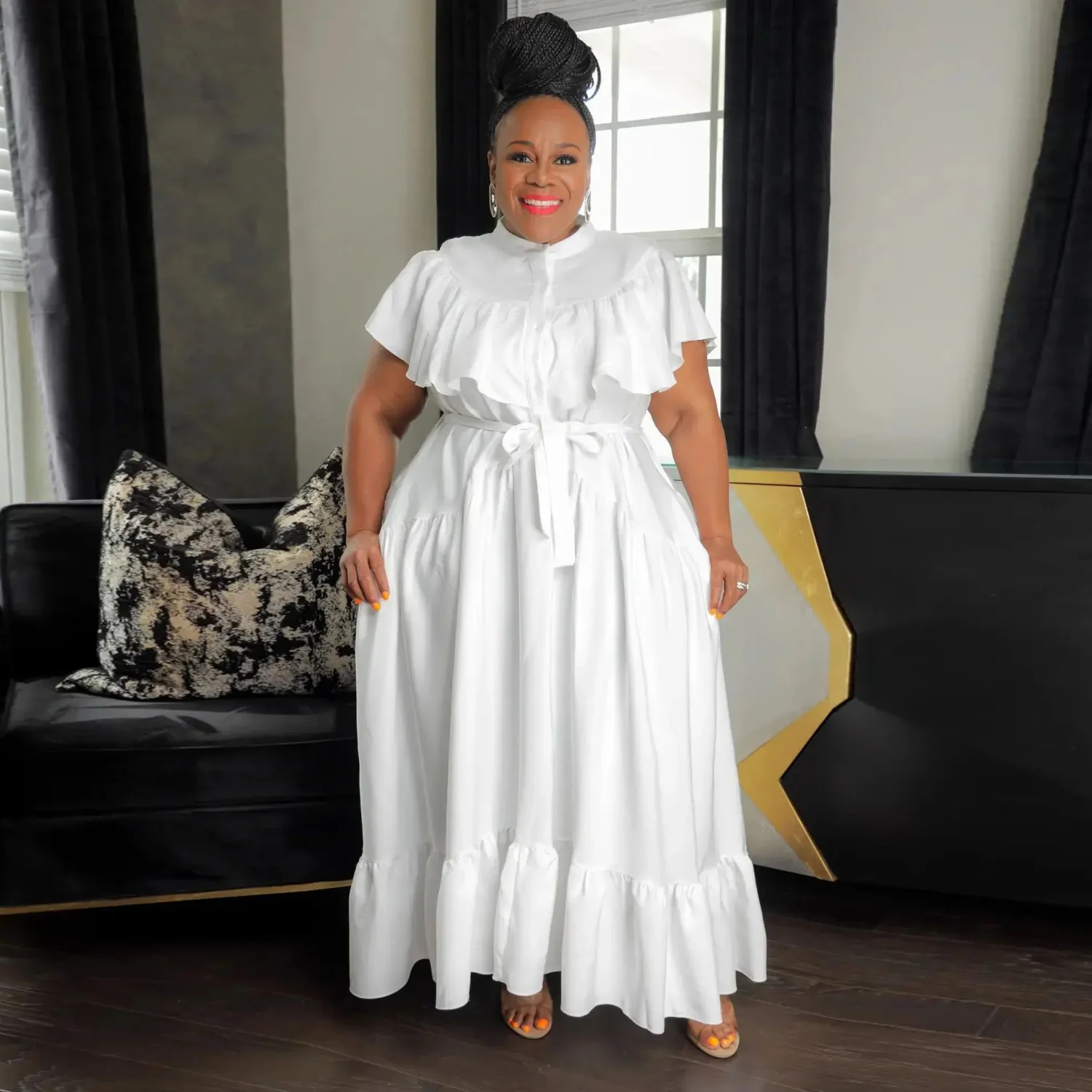 Plus Size Female Dresses Fashion Sexy Straps Button Pleated Dress Large Size Women Casual Solid Color Short Sleeve Loose Dress