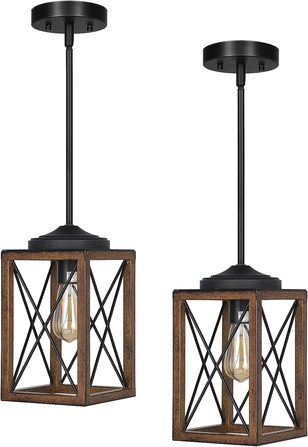 

2 Pack Farmhouse Pendant Light, Metal Hanging Light Fixture with Wooden Grain Finish, 48 Inch Adjustable Pipes for Flat and Slop