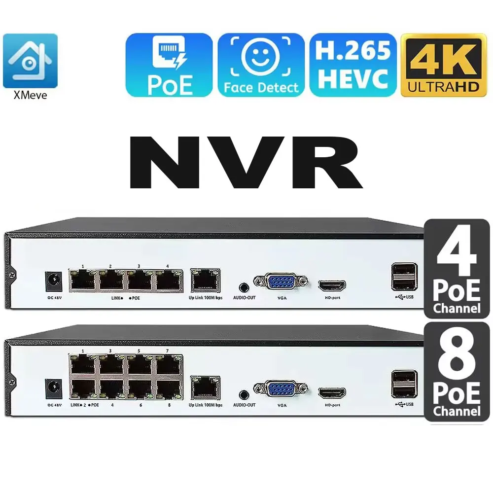 Фото 4-канальный 8-канальный 48 В POE 4K NVR Onvif H.265 Сетевой видеорегистратор видеонаблюдения для 4K 8MP 4MP 5MP 1080P POE IP-камера №1