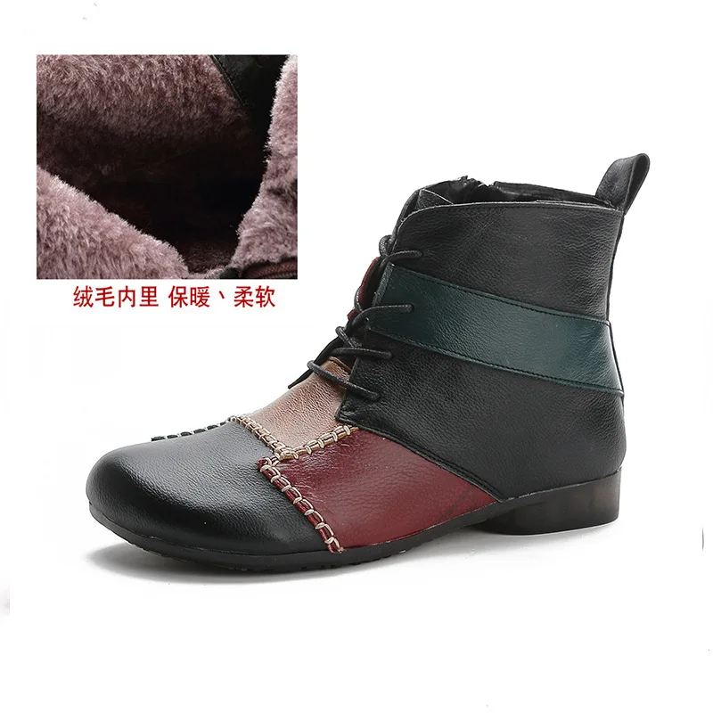 2022 New Autumn Winter Women Boots Retro Ethnic Style Patchwork Leather Booties Fashion Ladies Low-heel Ankle Boots Comfy Soft