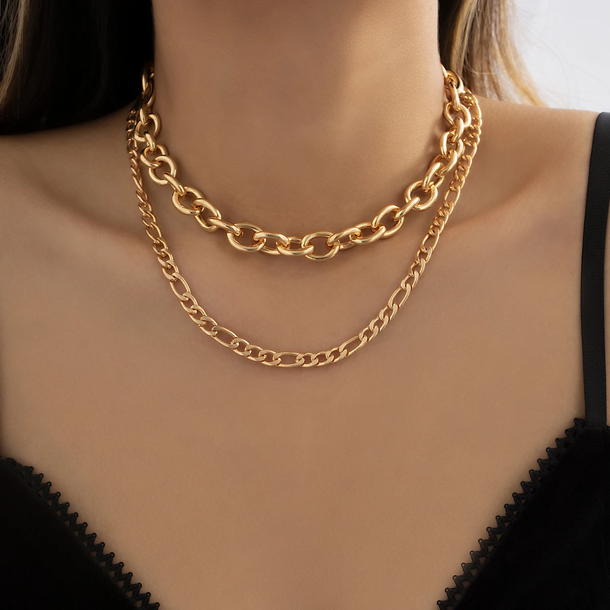 

IngeSight.Z 2pcs/set Punk Cuban Chain Choker Necklace for Women Hip Hop Big Chunky Gold Color Thick Chain Necklace Jewelry