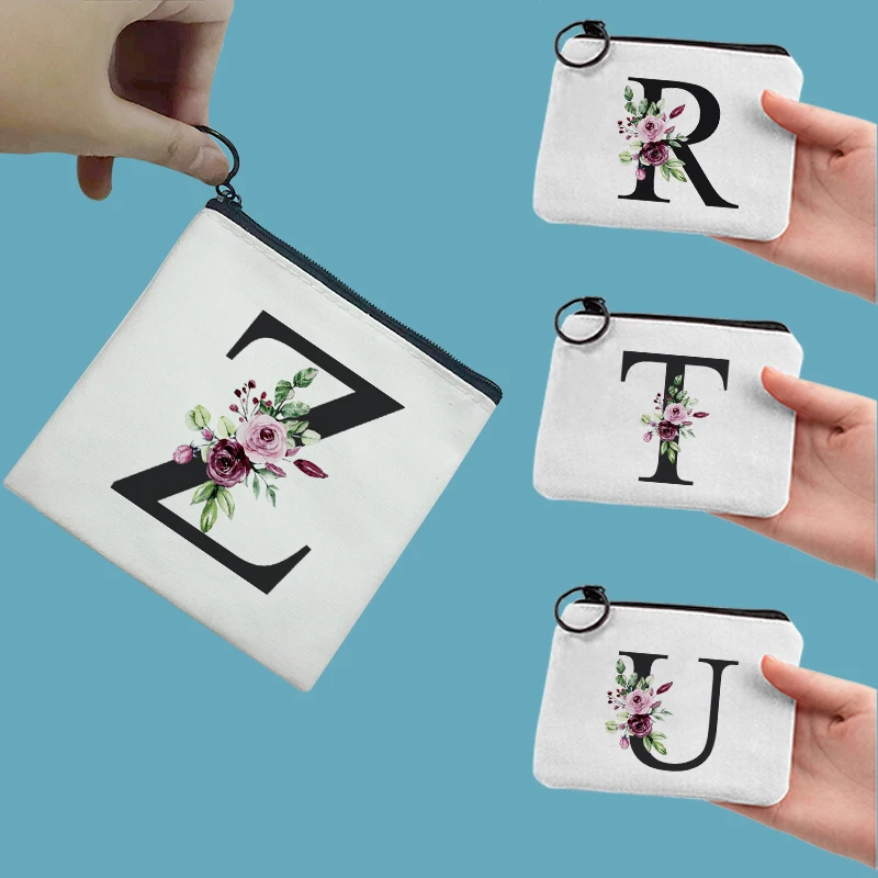 

Red Purple Flower Letter Coin Purse Girl Canvas Small Fresh Coin Purse Keychain Zipper Bag Girl Kawaii Cute Coin Purse Ladies