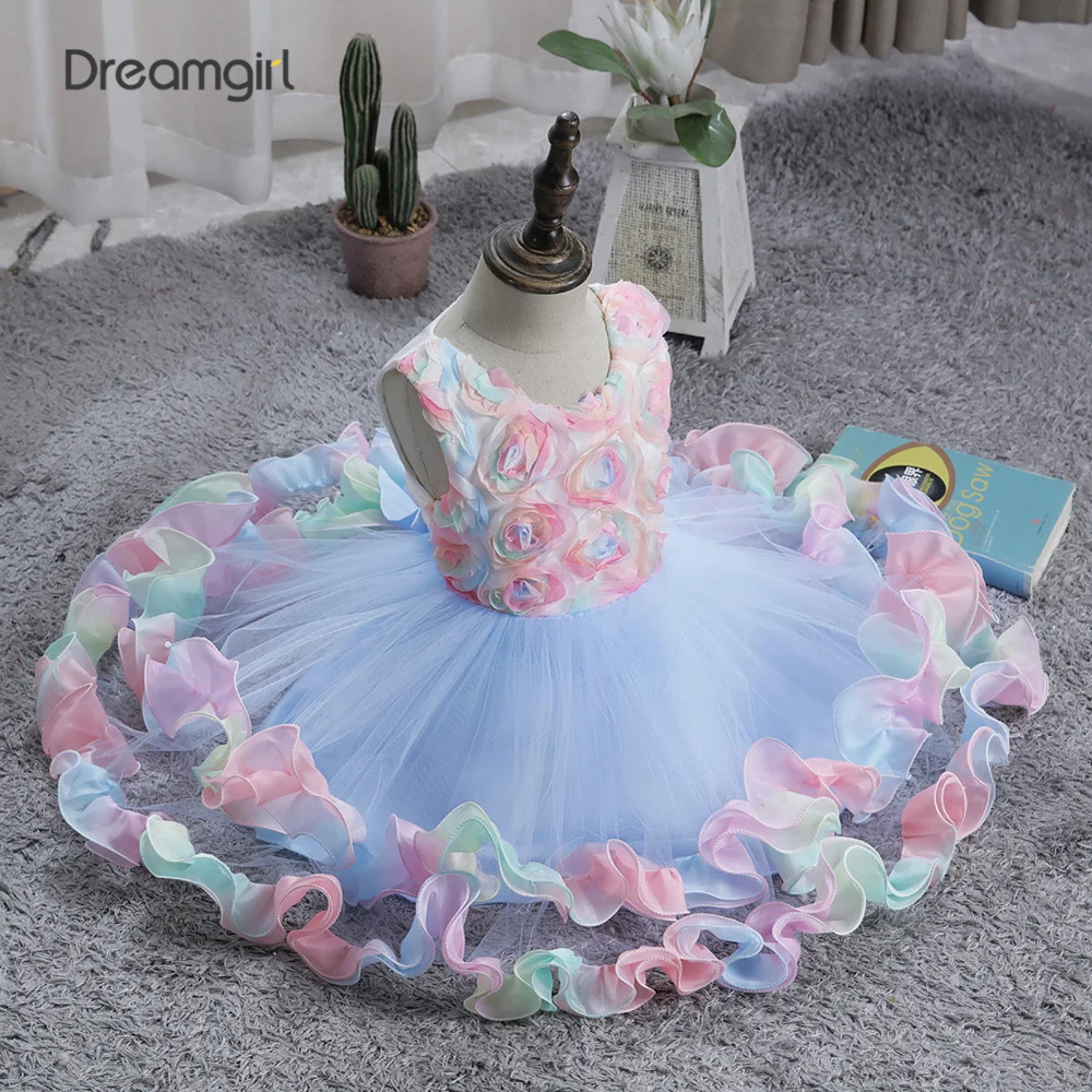 Платье для девочек с цветными цветами Dreamgirl, платье с круглым вырезом и рукавами, с цветами, детское платье на день рождения, платье принцессы для девочек