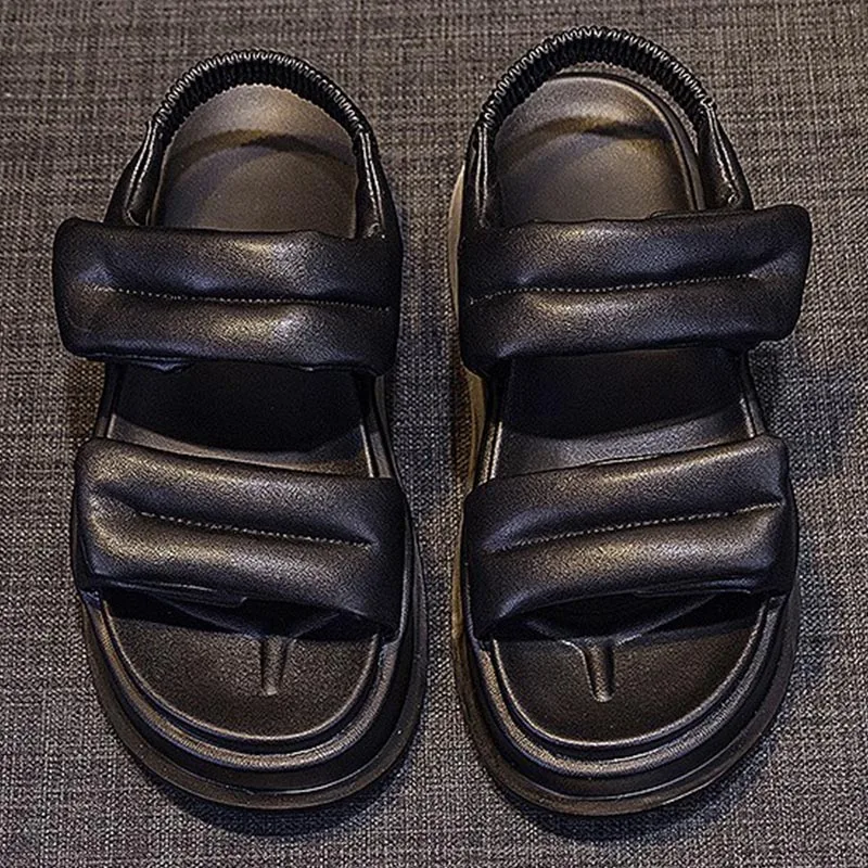 2023 New Summer 6cm Platform Women Sandals Genuine Leather Women Hook&loop Heel Elastic Band Ladies Wedge Chunky Shoes