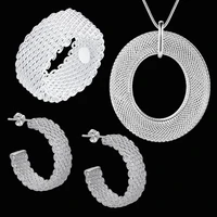 silver fine vintage weave mesh pendant necklace earrings stud rings for woman fashion party gifts jewelry sets