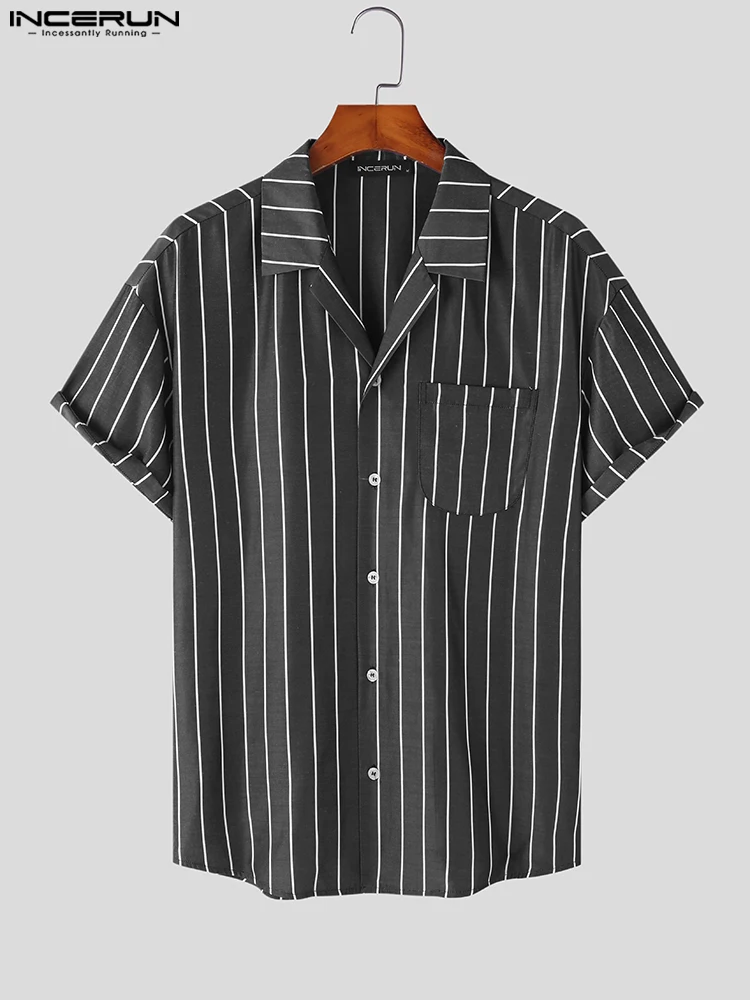 Fashion Casual Style Tops INCERUN Men's Striped Short Sleeve Shirts Stylish Well Fitting Male Button Lapel Collared Blouse S-5XL