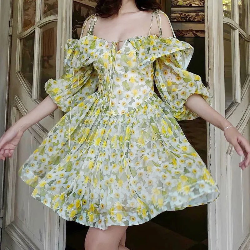 

Мини-платье hirigin с цветочным принтом, милое ТРАПЕЦИЕВИДНОЕ платье с рукавами-фонариками и открытыми плечами, на бретелях, праздничная уличн...