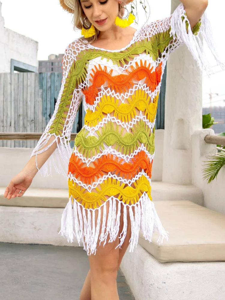 

Hollow Out Beach Dress for Women 2022 Summer Holiday Outfits Dresses with Sleeve Kintted Fringe Cover-ups Knit Swim Coverup Cape