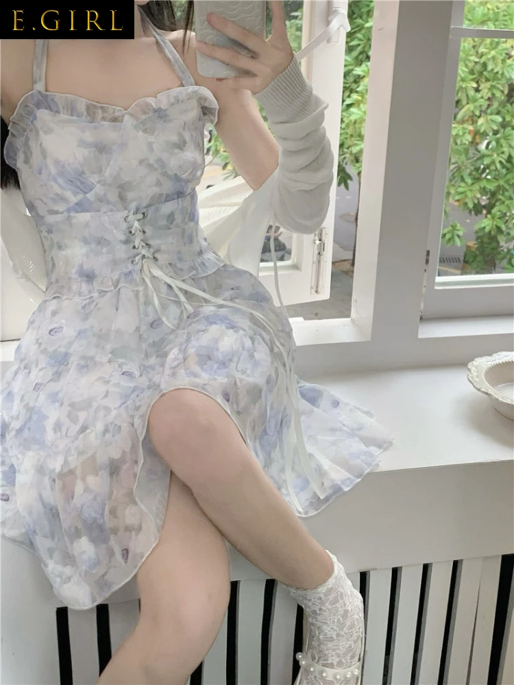 

2022 Summer 2 Piece Dress Set Casual Long Sleeve Crop Tops + Elegant Floral Strap Mini Dress Women Beach Elegant Dress Korean