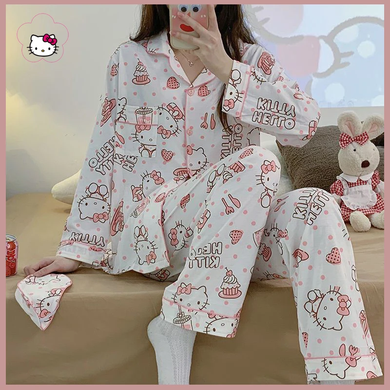 

Kawaii Kt Cat Pajamas Sanrioed Cartoon Pochacco Cinnamoroll Kuromi Meldoy Women Cute Girl Heart Cotton Loungewear Set Autumn