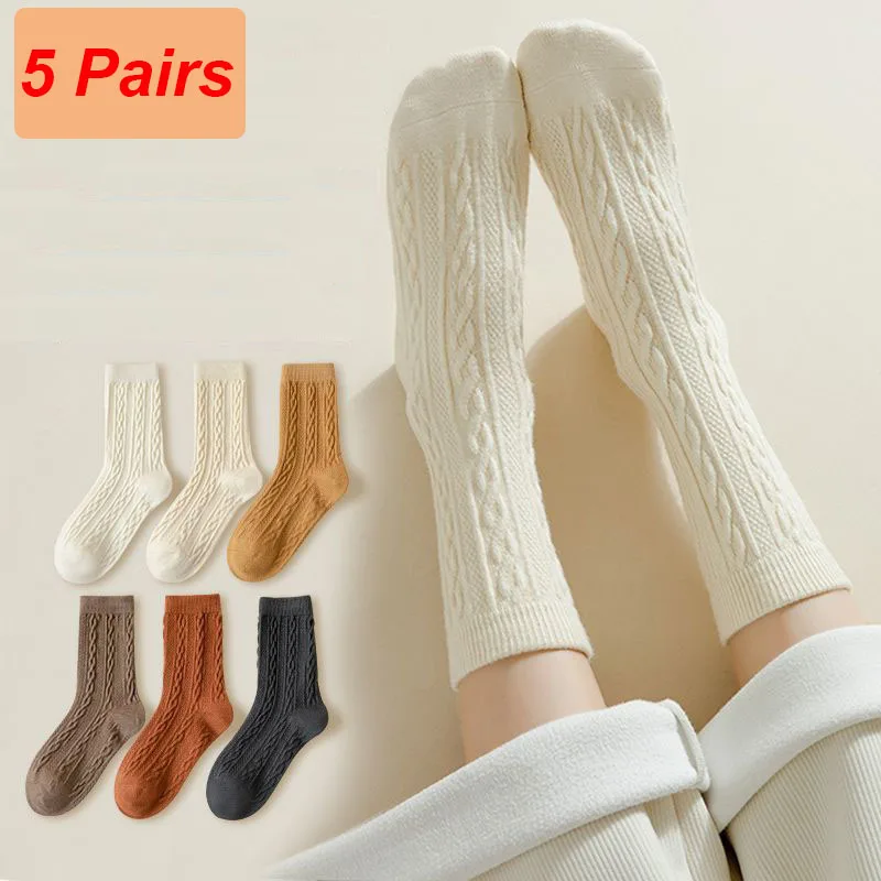 5 Pairs Autumn And Winter Women Fashiona Medium Tube Socks Versatile Comfortable Breathable Pure Color Deodorant Socks EU 35-40