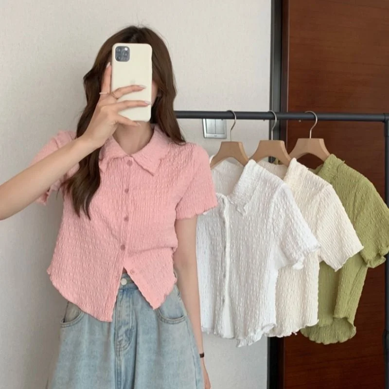 

Женский топ в студенческом стиле, милый топ с воротником-карандашом, Корейская версия, Женская стройнящая универсальная рубашка с коротким рукавом