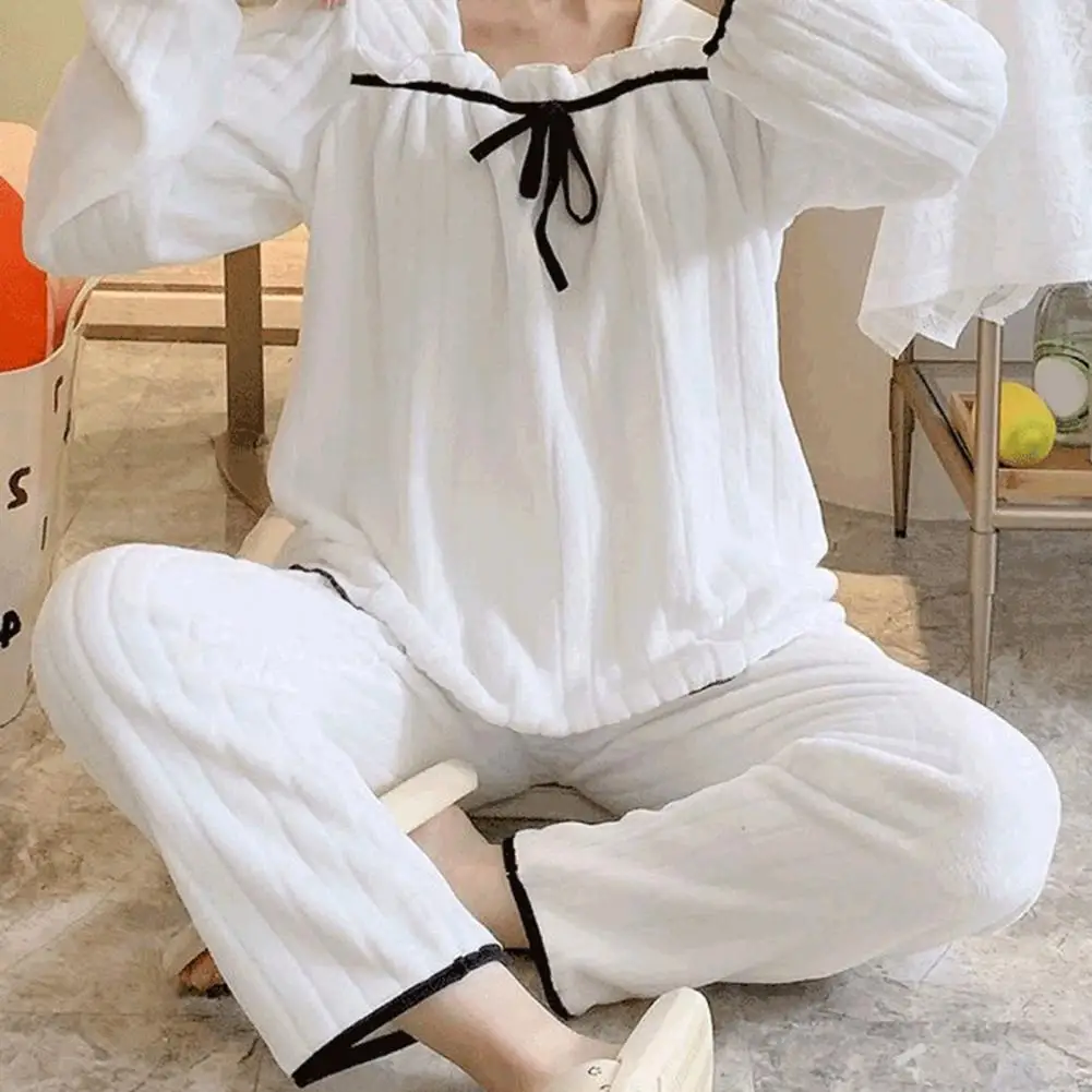 

2 Pcs/Set Women Pajamas Set Shirring String Square Neck Contrast Color Long Sleeves Sleeping Loose Soft Bow-knot Nightie Set