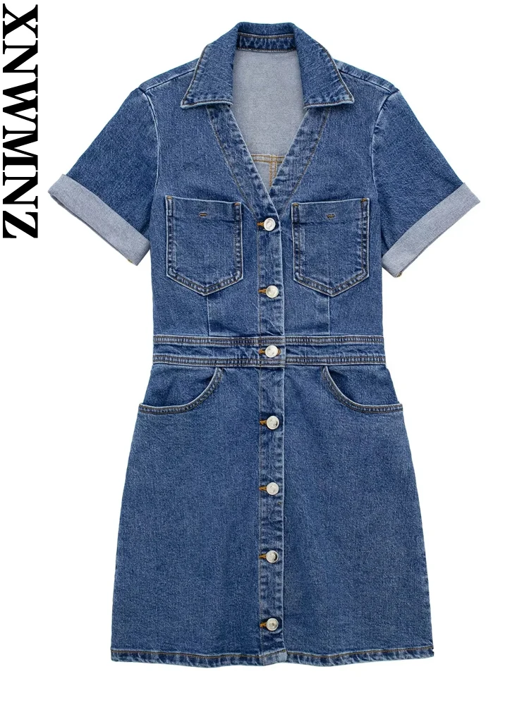 

XNWMNZ Women's Fashion Denim Mini Dress Woman Retro Lapel Short Sleeve Front Button Pocket Female Chic Midi Dresses