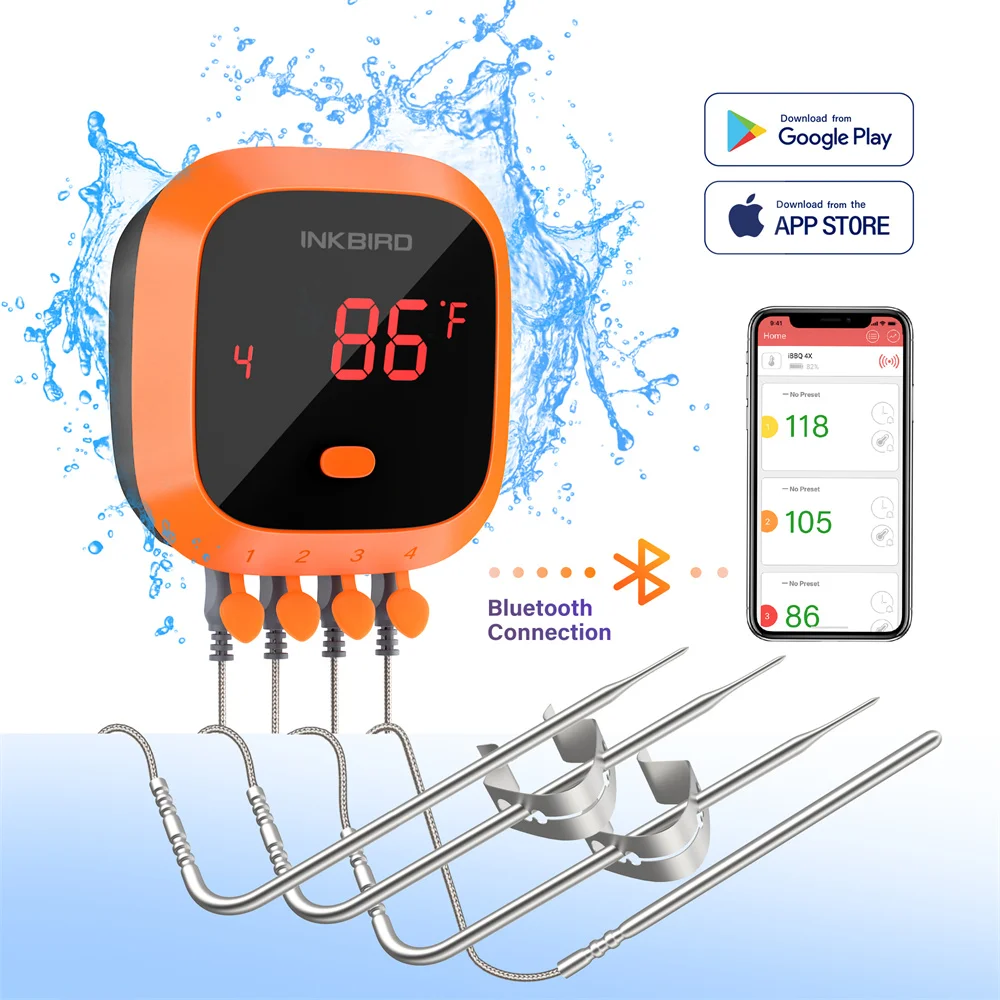 

INKBIRD IBT-4XC Bluetooth Meat Thermometer with 4 Probes Ipx5 Rated Waterproof Rechargeable Magnet Remote Control with Alarm