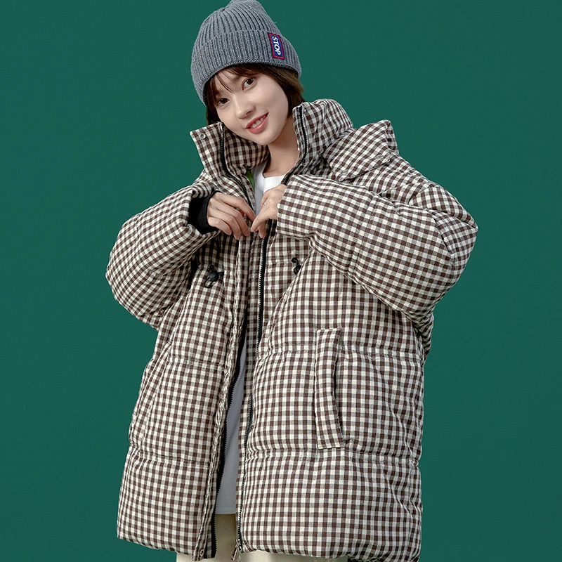 Women Winter Plaid Jackets Long Sleeve Down Cotton Parkas Coats Hooded Thick Plus Velvet Warm Coat Casual Loose Female Overcoat
