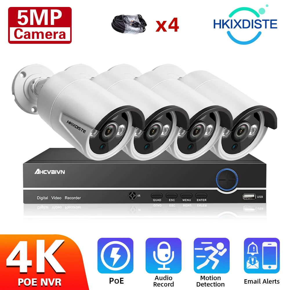 

HKIXDISTE H.265 4CH PoE NVR система видеонаблюдения 5.0MP IR Наружные камеры безопасности 4 канала HD 4K Система охранного видеонаблюдения POE NVR 5MP комплект на...