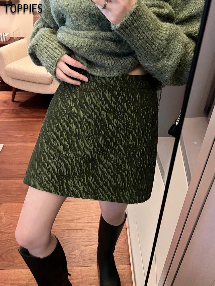 

Toppies 2022 Spring Fashion Casual Textured jacquard Print Mini skirt high waist a-line skirt green