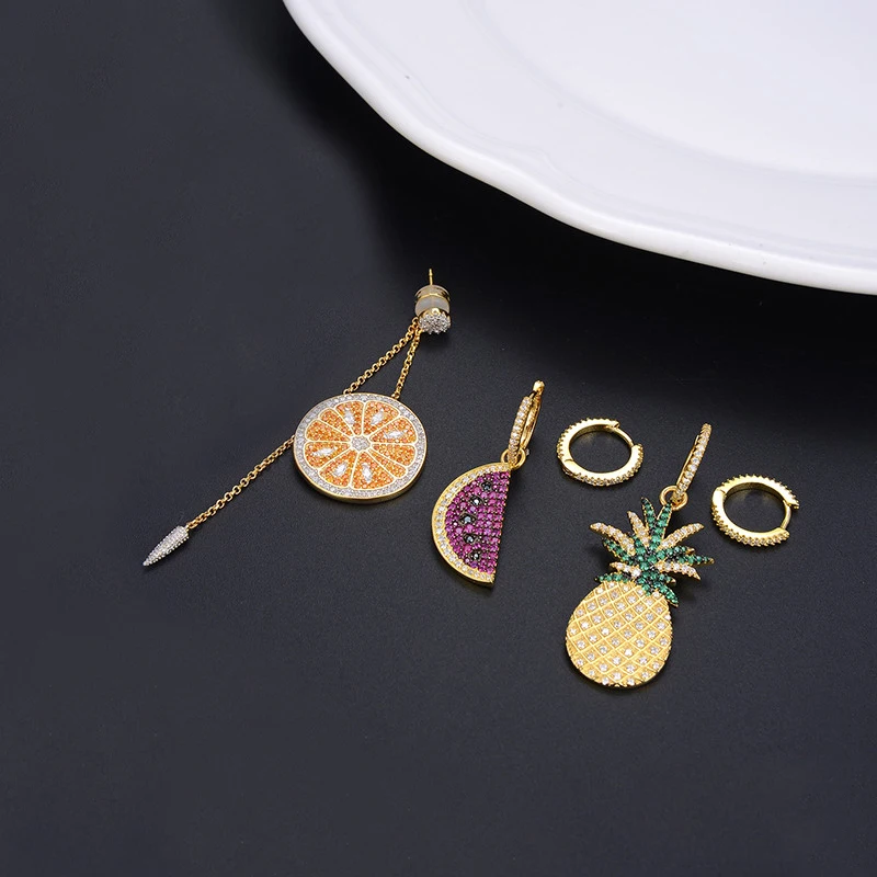 

Mona S925 Sterling Silver Gold Watermelon Orange Pineapple Asymmetric Earrings Women Cute Funny Fashion Party Birthday Jewelry