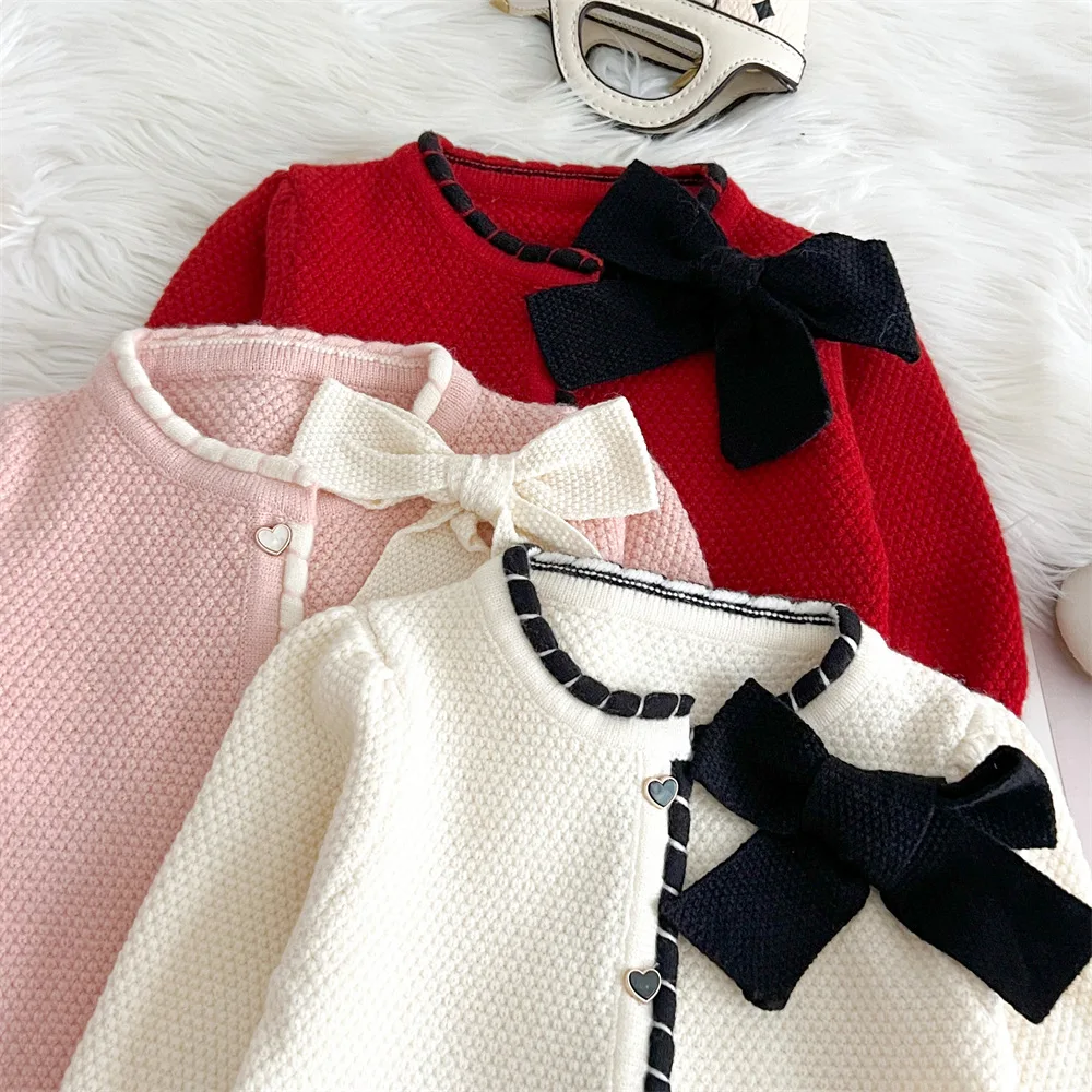 Осенне-зимний Кардиган с бантом для маленьких девочек + вязаная юбка комплект из 2