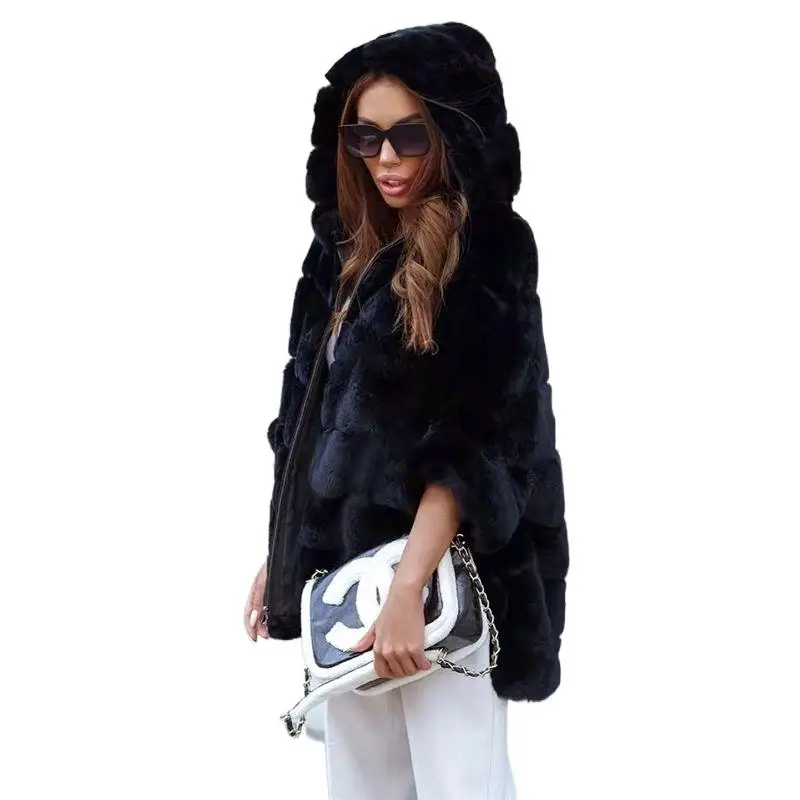 Real Rex Rabbit Fur Hooded Coat For Women  Winter Plus Size Genuine Natural Rabbit Fur Poncho Jackets Batwing Sleeve Top Hoodie