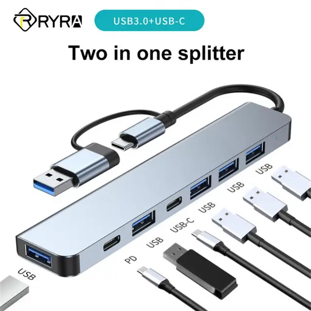 RYRA 7 Ports 2-in-1 USB 3.0 HUB Type-c Adapter USB 2.0 High Speed Transmission Multi-port USB Splitter Expander For PC Computer
