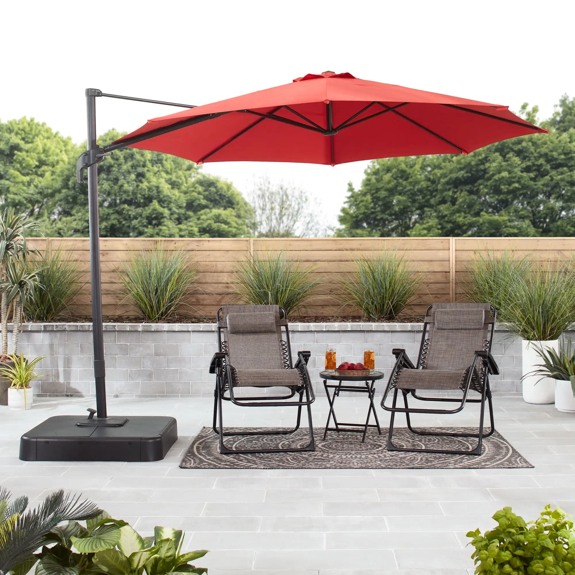 10’ Red Octagon Outdoor Tilting Cantilever Offset Patio Umbrella with Weighted Base and 360 Degree Rotation