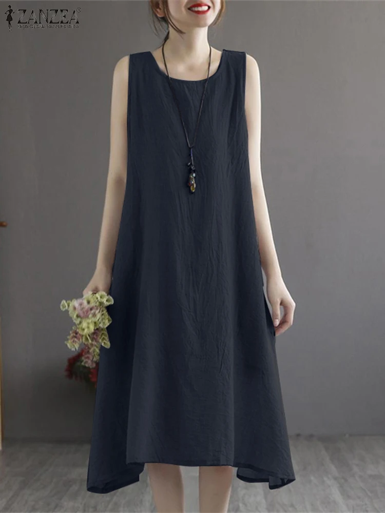 

2023 ZANZEA Oversize Holiday Dress Summer Women Vintage Cotton Sundress Causal Sleeveless O-Neck Robe Femme Beach Vestido Kaftan