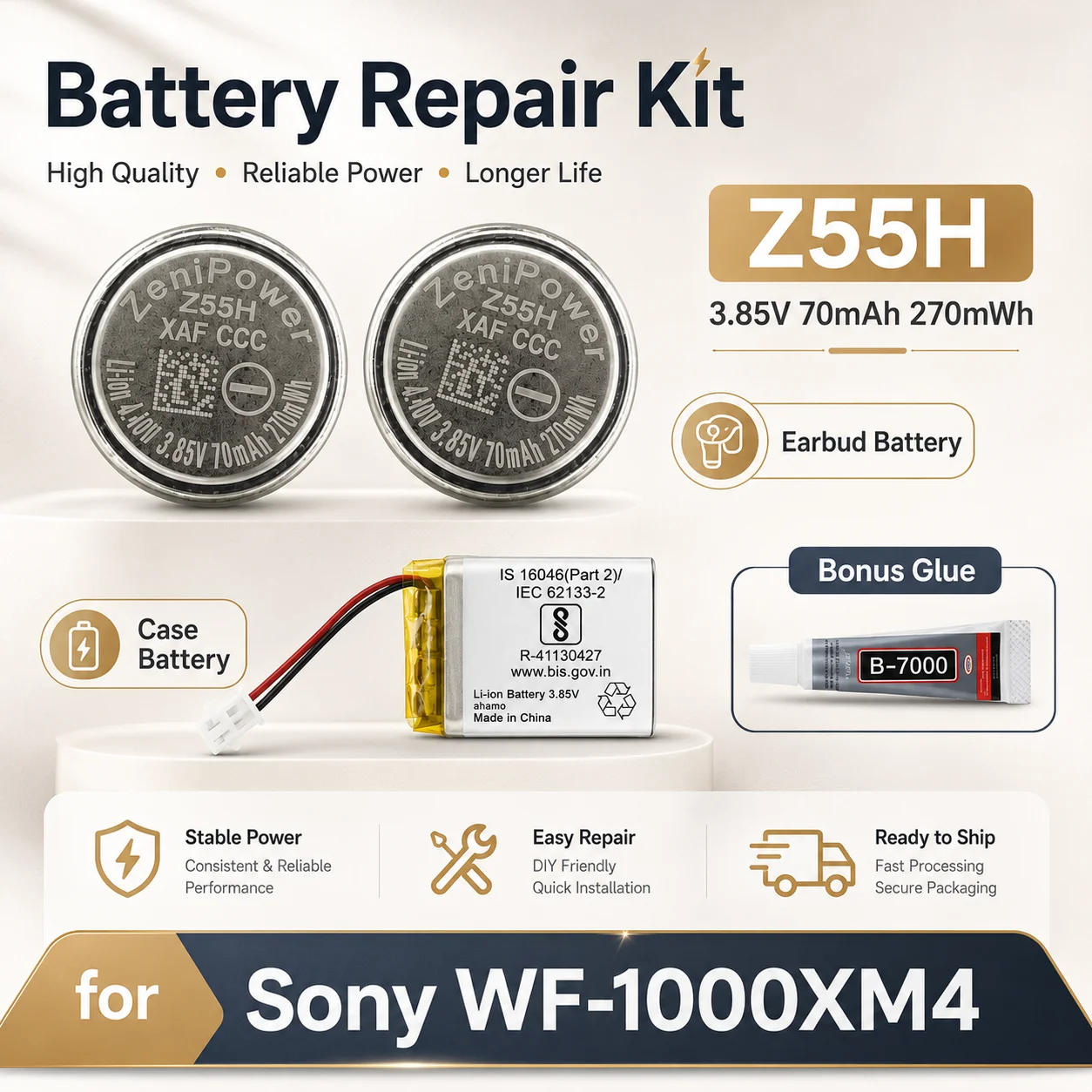 Фото Аккумулятор Li-ion 702428 Z55H CP1254 3.85V 75мАч для ремонта беспроводных наушников Sony WF-1000XM4 TWS с шумоподавлением №1