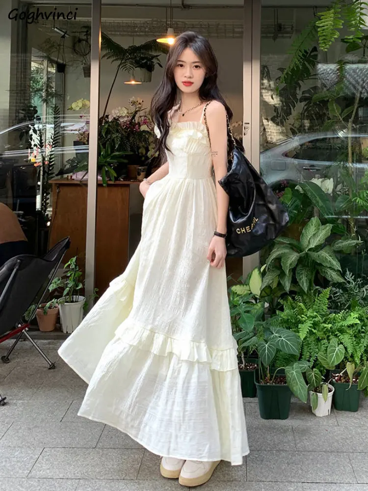 Apricot Midi Dress Women Princess Chic Aesthetic Holiday Leisure Ruffles Vintage French Style Sleeveless Partywear Summer Young