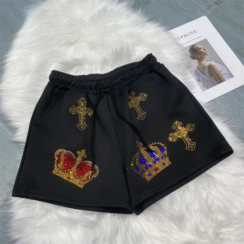 Blingbling Letter Cartoon Hot Drill Women Shorts New Spring All-match Elastic Waist Wide Leg Short Pants Streetwear
