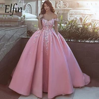 elfin satin quinceanera dresses 3d flower off the shoulder sweet 16 year princess dresses with pocket party gowns