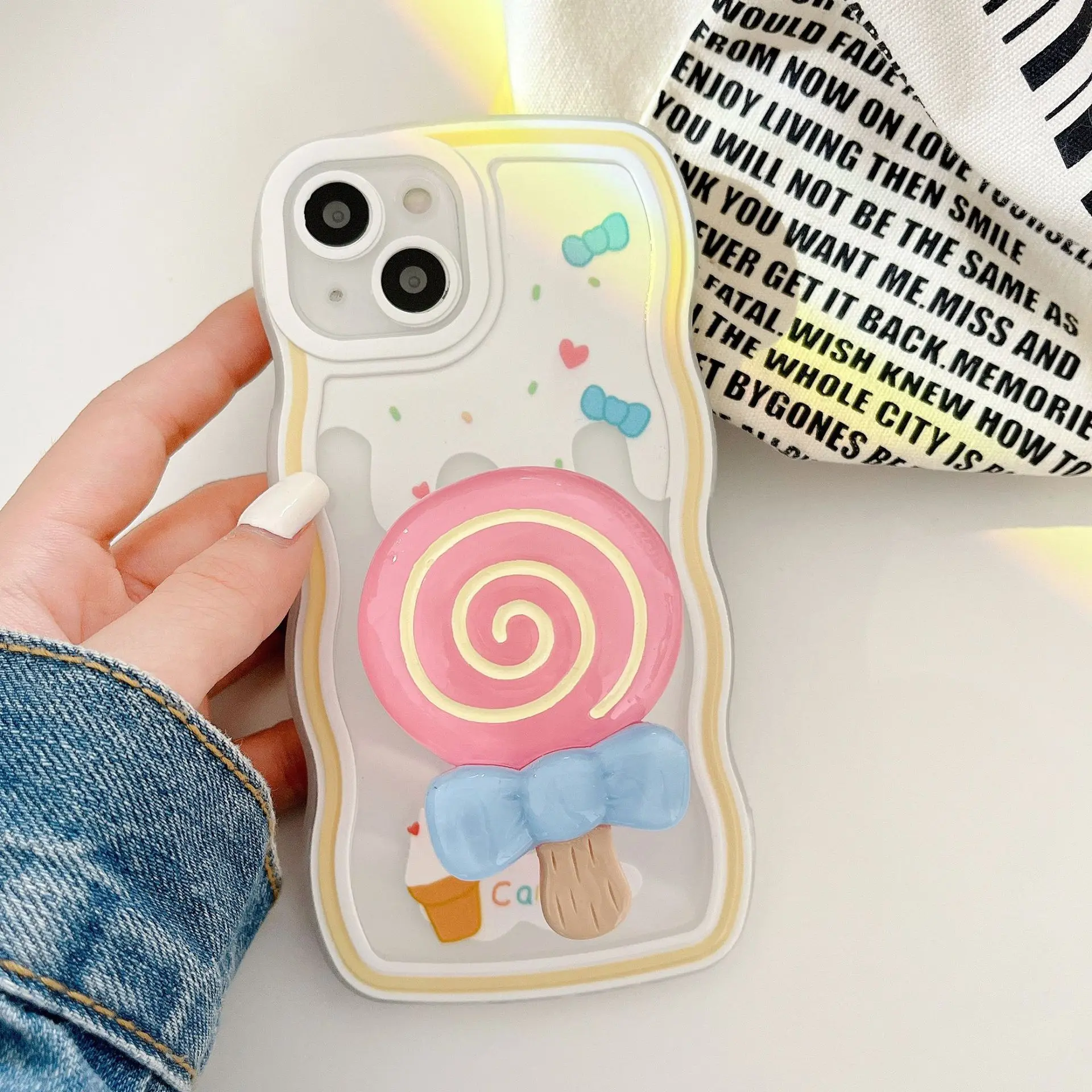 

Cute Ice Cream Pink Lollipop Bracket Wavey Phone Case For iPhone 14 13 12 11 Pro XS Max X XR 7 8 Plus SE 3 Protective Soft Cover