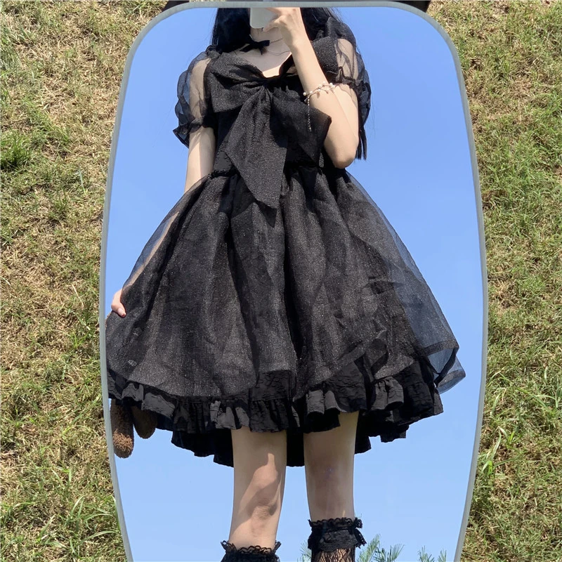 

Gentle Lolita Girl Sweet Fresh Cute Mesh Puff Sleeve Dresses OP Harajuku Fairy Tutu High Waist Princess Dress Women's Summer