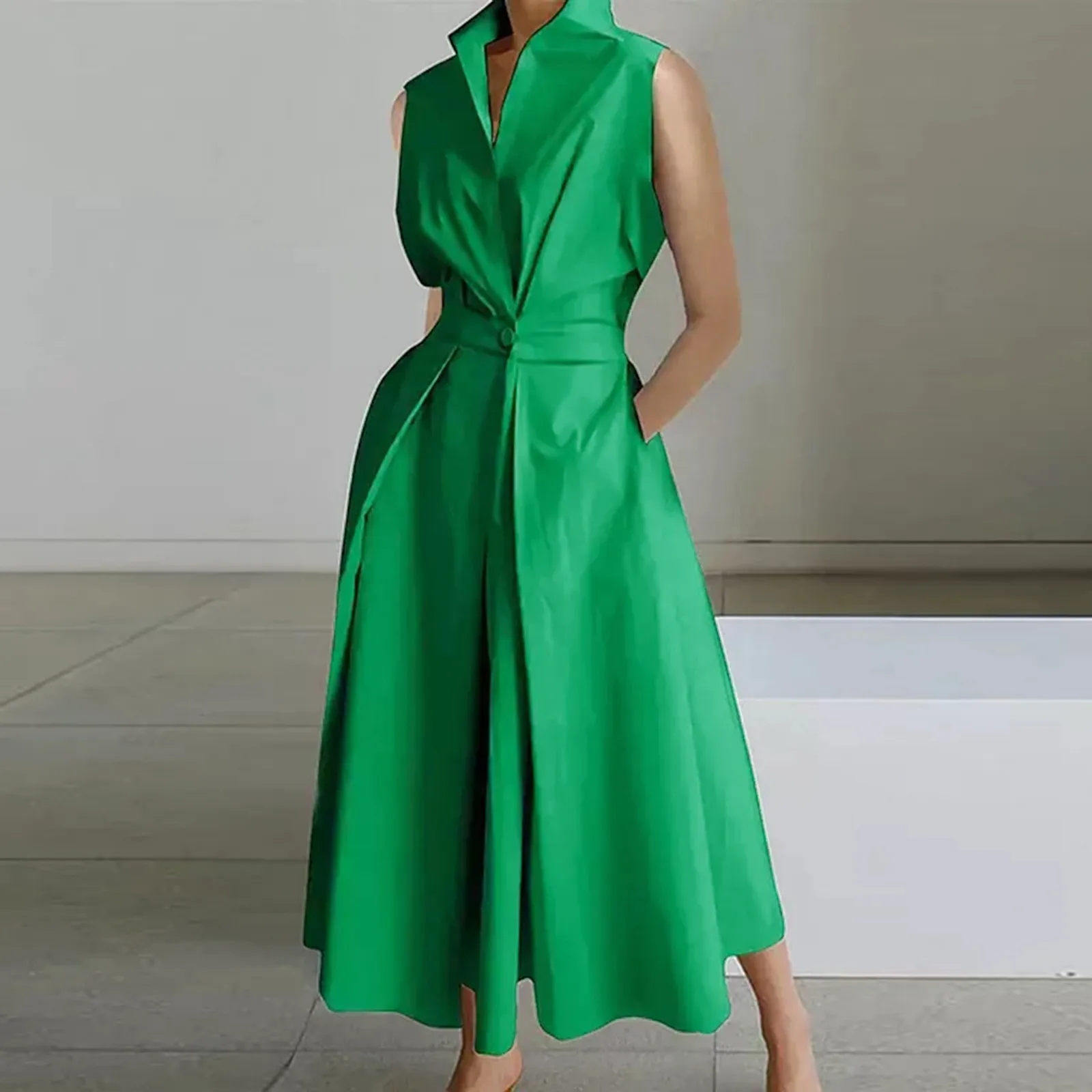 

Urban Women Elegant A-Line Dress New Summer Fashion Sleeveless Shirt Dress Temperament Lady Solid Color Lapel Midi Dresses