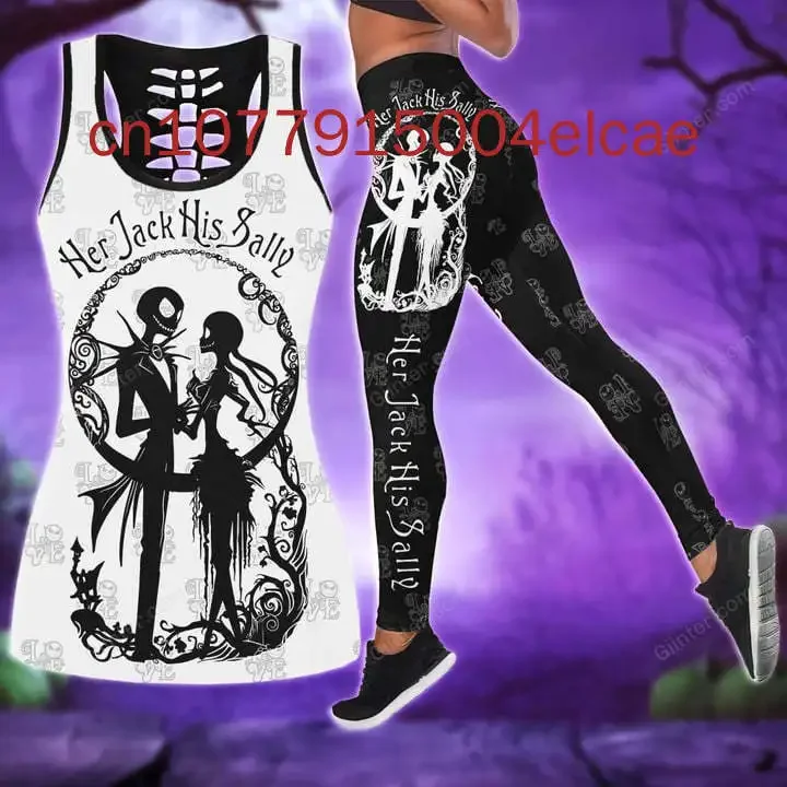New Oogie Boogie Women's Hollow Vest + Leggings Yoga Suit Fitness Sports Disney Tank Top Legging Set