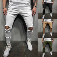 new mens tight fashion casual solid color hole mid waist pants casual streetwear men pencil pants ankle length trousers