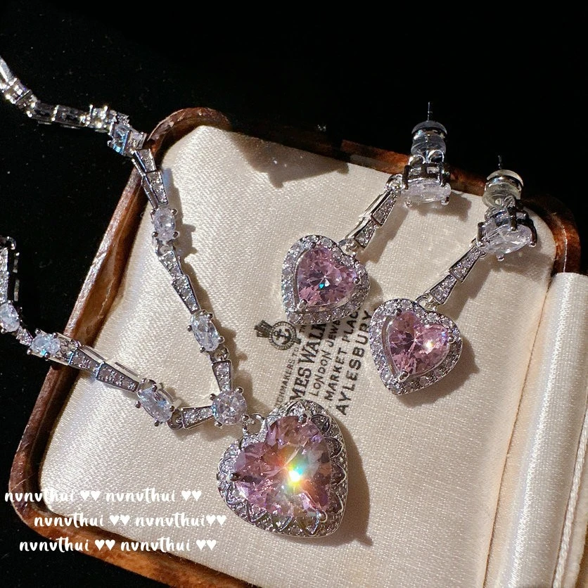 

Fashion Desing Exquisite Pink CZ Crystal 925 Silver Needle Necklace Jewerly Sets for Women Wedding Bridal Banquet Fine Jwerlry