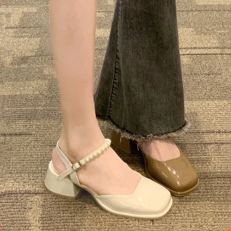 

French Sandals Female 2023 New Fashion Chunky Heel High Heels Gentle Style Pearl Retro Square Toe Ladies Pumps Party Prom