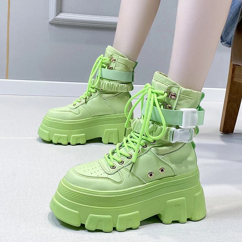 

Rimocy Green Punk Chunky Platform Motorcycle Boots Women Autumn Winter Gothic Shoes Woman Thick Bottom Lace Up Ankle Botas Mujer