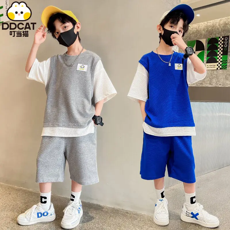 Pokonyan 2022 Kids Boys Suit New Fried Street Two-Piece Summer Fake Two Pieces Short Sleeve Pants