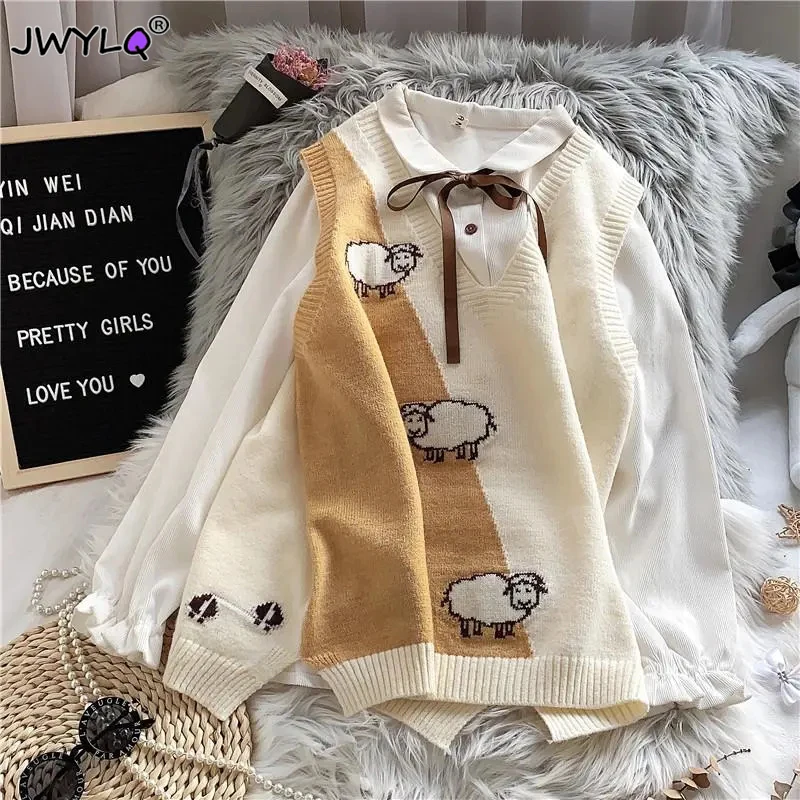 

New Sweater Vest Stitching Color Sheep Print Knitted Sweater Korean Cute Kawaii V Neck Sleeveless Loose Oversize Women Clothing