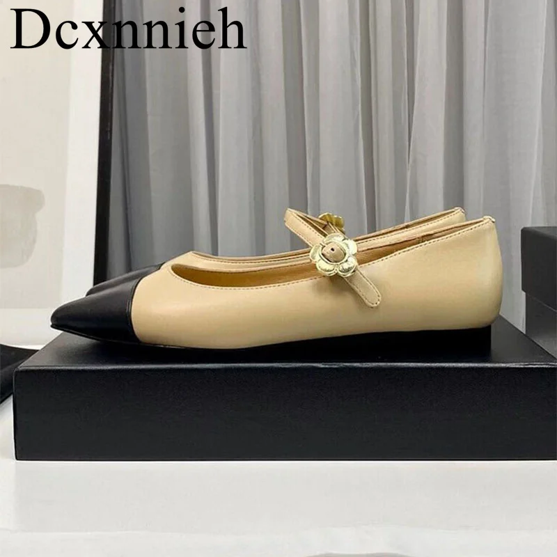 

Pointy Flat Shoes Women solid genuine leather metal buckle Slip-on shoe splicing casual shoes Spring Autumn casual walking shoes