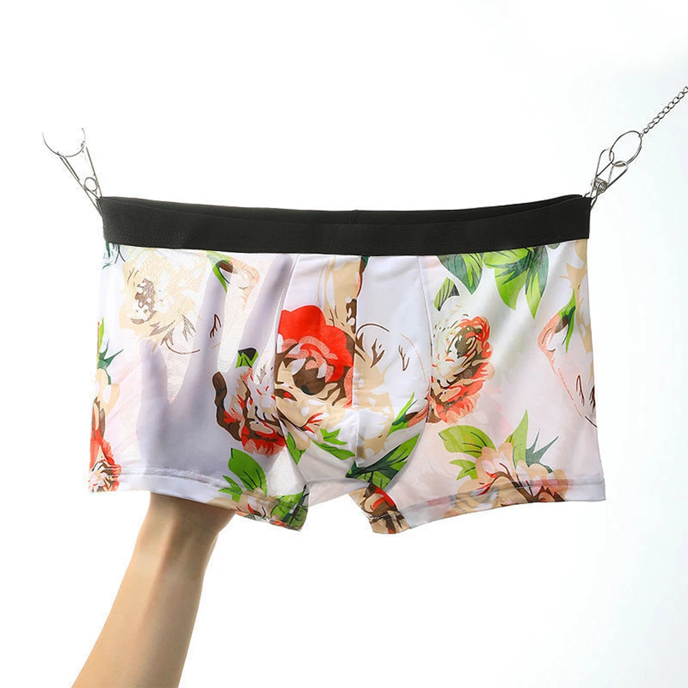 

Summer Thin Ice Silk Underwear Men Sexy Breathable Comfy Shorts Boxer Frower Print Briefs New Homme Male Comfortable Underpants