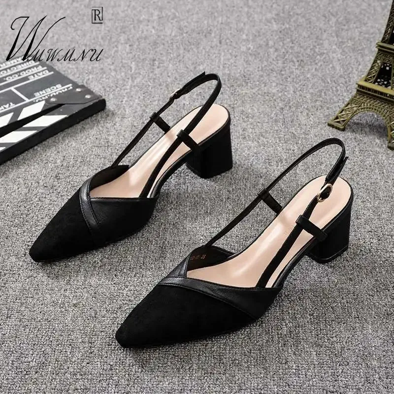 

Black Suede Sexy Slingbacks High Heels Fashion Pointed Non-Slip Square Heel Comfort Office Shoes Elegant Hollow Women Sandals